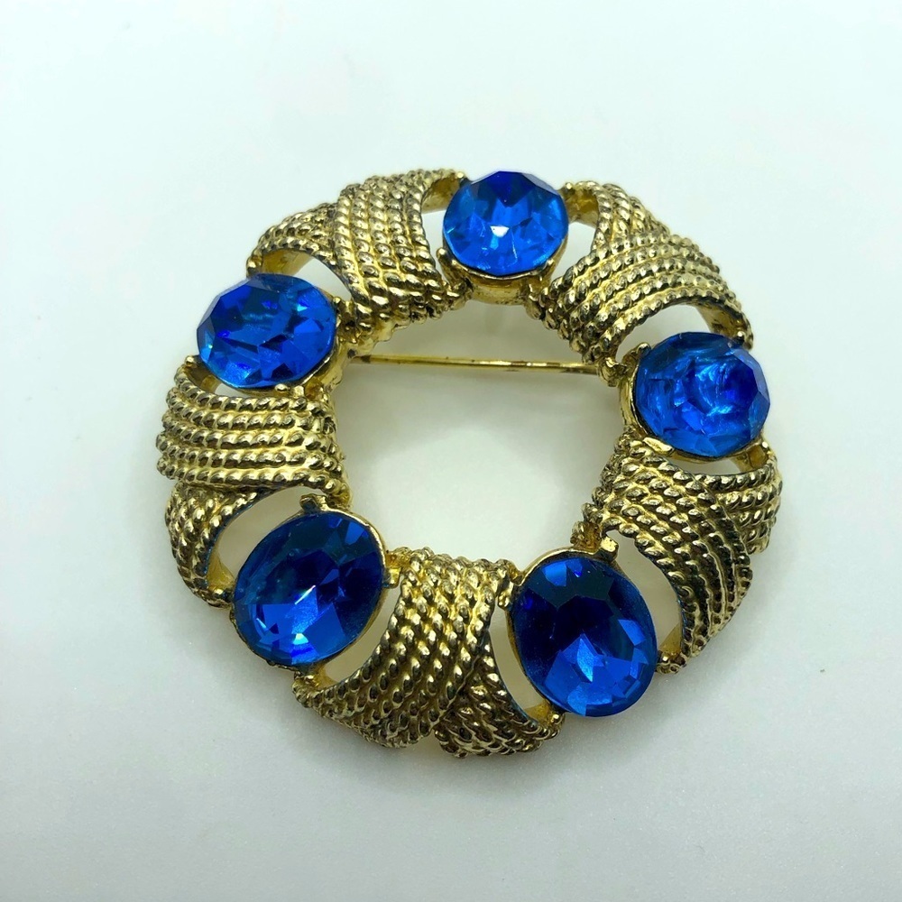 Vtg Mcm Corocraft Gold Tone Blue Stone Brooch Mid Century Modern 2”